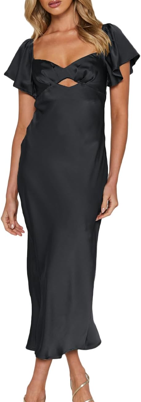 Summer Satin Flutter Sleeve Wedding Guest Dress for Women