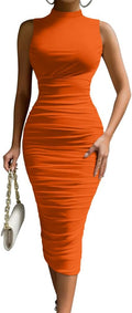 Women's Sexy Bodycon High Neck Midi Cocktail Dress - Ruched Fit