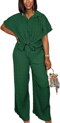 Casual Two Piece Set for Women - Button Shirt and Wide Leg Pants