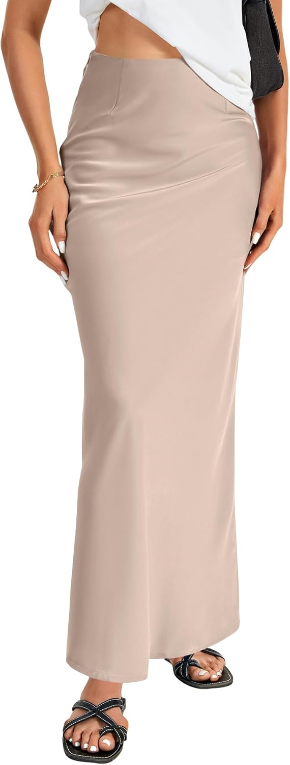 Elegant Satin Silky High Waist A Line Maxi Long Skirt for Women