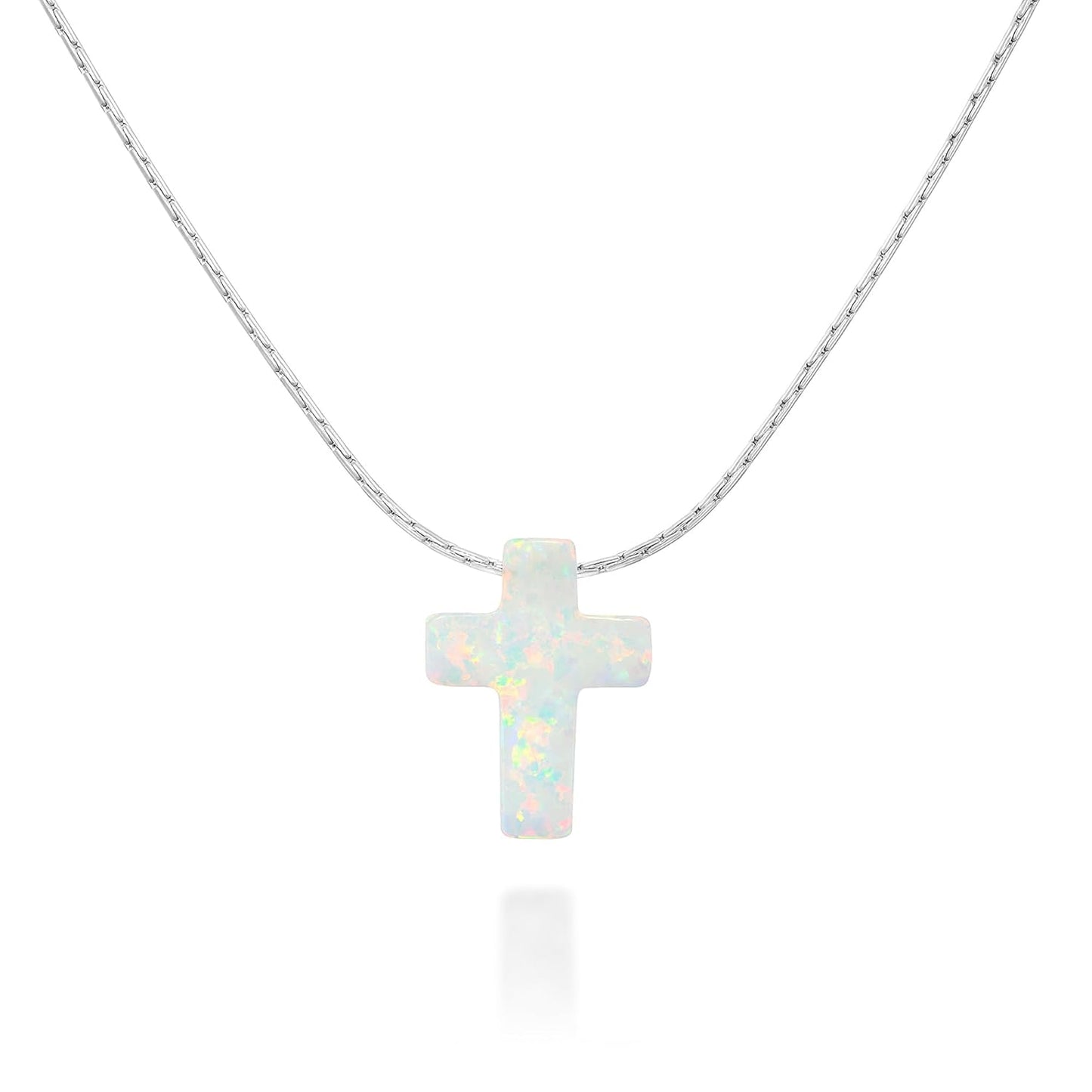 White Opal Cross on Thin Sterling Silver Choker Necklace