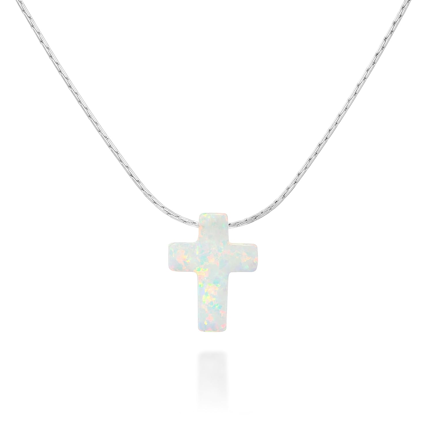 White Opal Cross on Thin Sterling Silver Choker Necklace