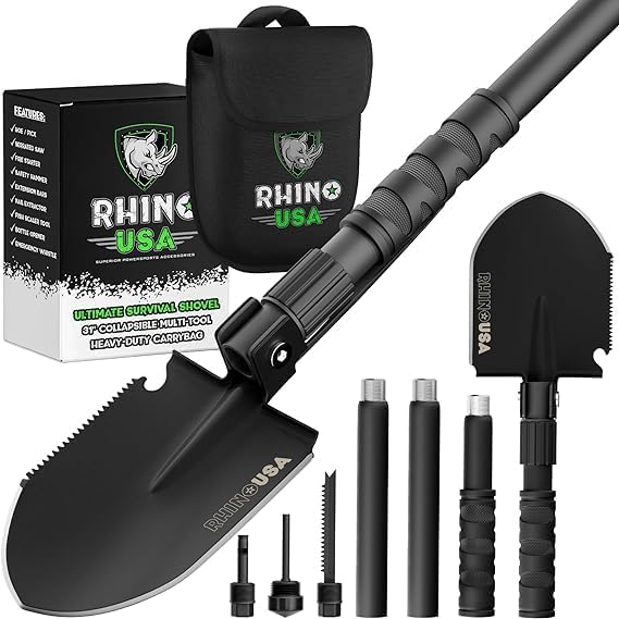 Rhino USA Survival Shovel - Heavy Duty Carbon Steel Tool