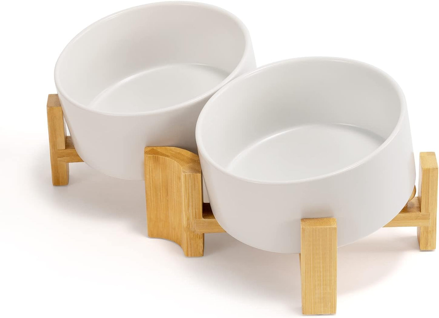 Slanted Ceramic Dog and Cat Bowl with Wooden Stand for Pets