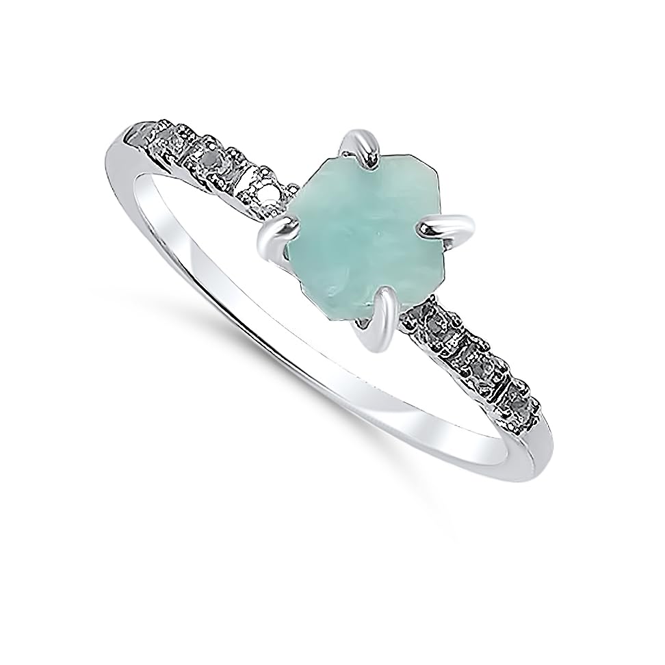 Real Raw Amazonite Dainty Ring in White Gold for Birthdays