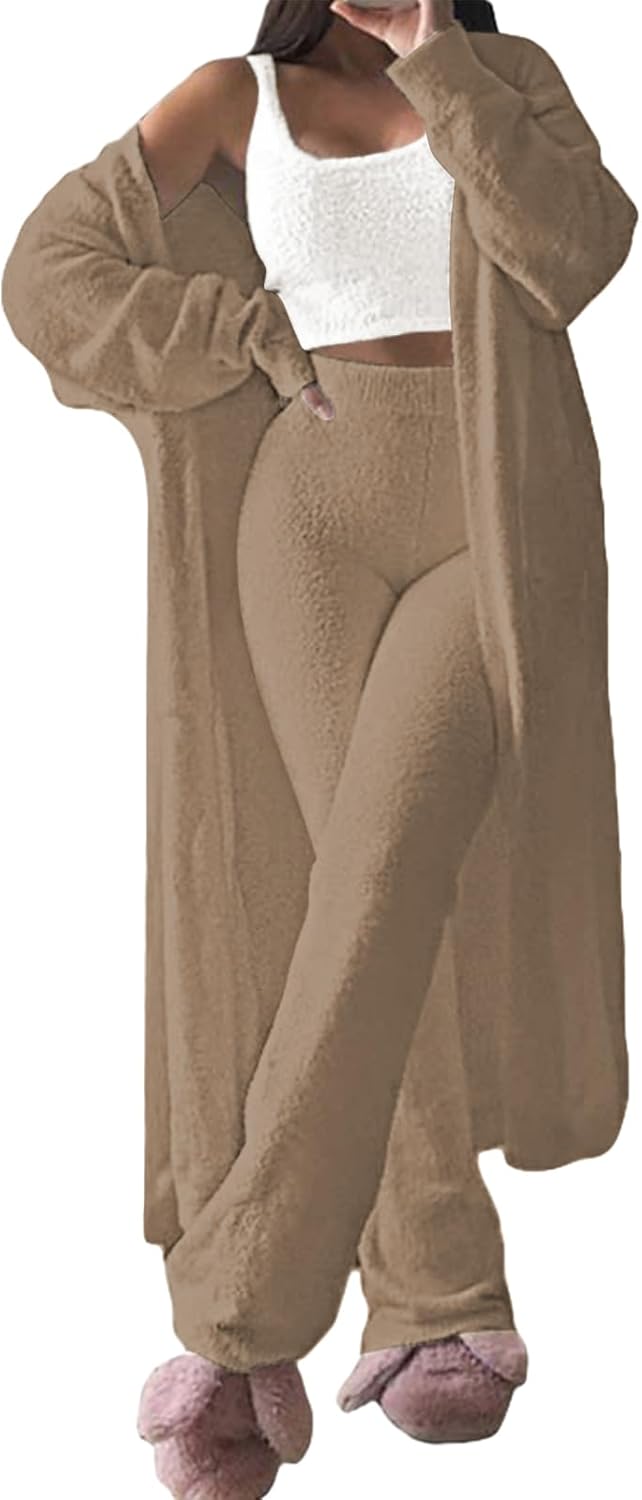 Fuzzy 3 Piece Sweatsuit Set for Women - Cozy Lounge Wear