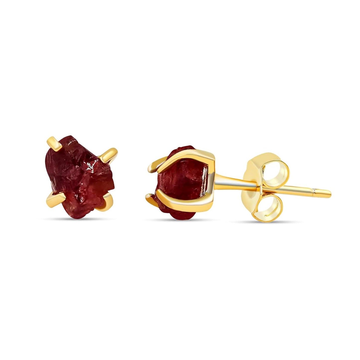 Raw Natural Garnet Stud Earrings in 925 Sterling Silver Setting