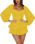 LYANER Women's Lantern Sleeve Ruffle Tie Mini Jumpsuit (Style W7Q5)