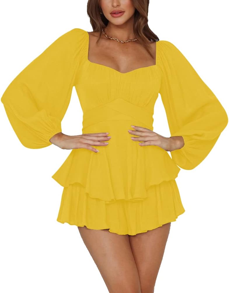 LYANER Women's Jumpsuit Lantern Long Sleeve Ruffle Layer Romper