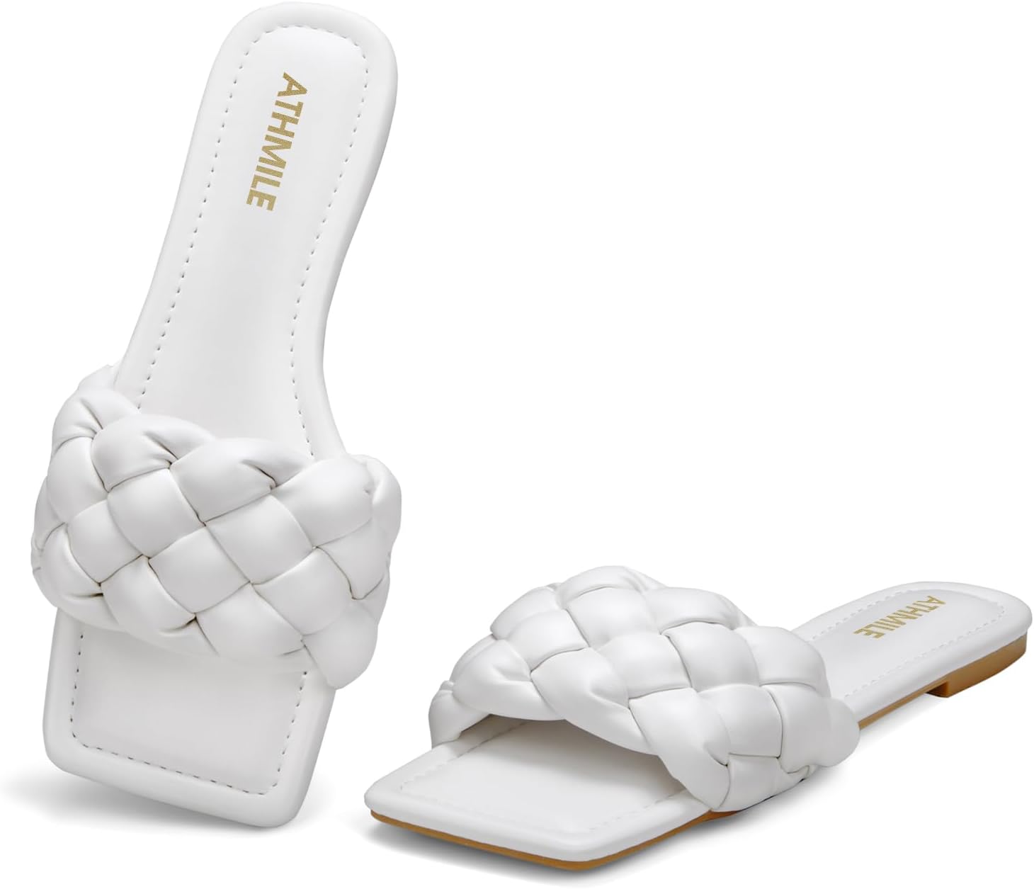 ATHMILE Braided Womens Sandals Square Open Toe Fashion Slides