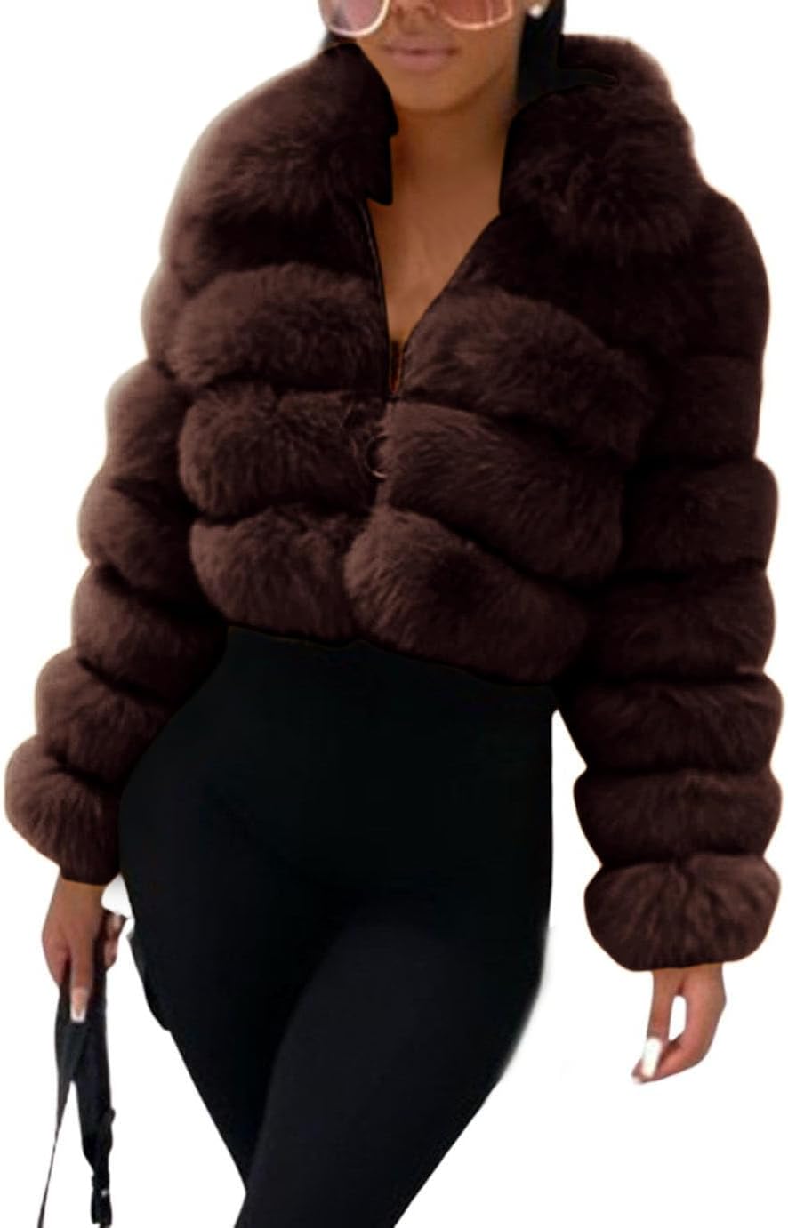 Fluffy Faux Fur Cropped Jacket for Women - Winter Warm Puffer