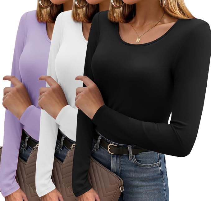 Ekouaer Long Sleeve Shirts for Women - 3 Pack Scoop Neck Tops