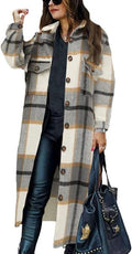 PUWEI Women's Plaid Shacket Jacket - Oversized Knee-Length Tartan Coat