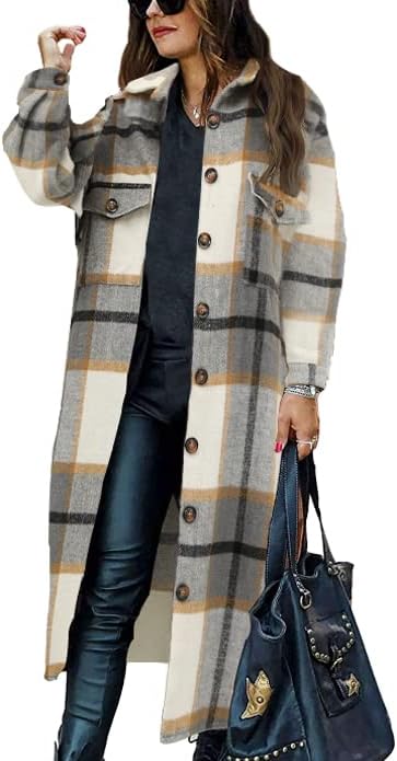 PUWEI Women's Casual Long Plaid Shirt Coat for Every Occasion