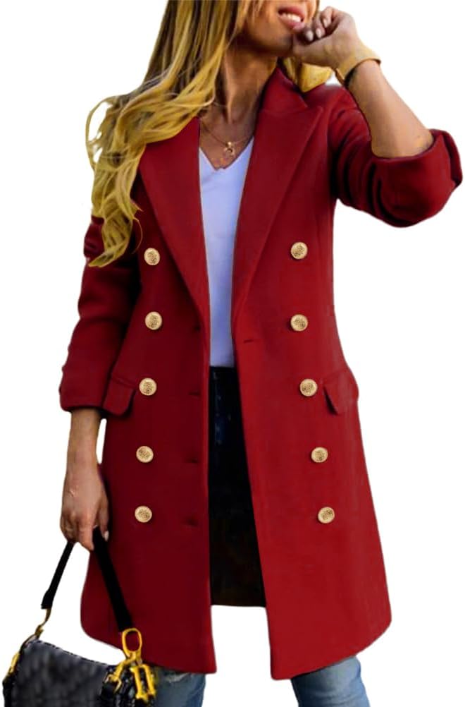 Womens Fall Winter Wool Coats Double Breasted Midi Peacoat