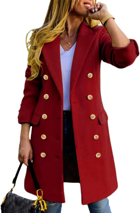 Womens Fall Winter Wool Coats Double Breasted Midi Peacoat