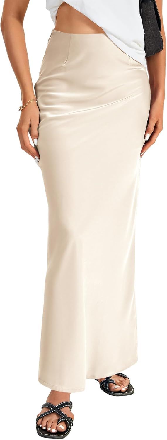 Elegant Satin Silky High Waist A Line Maxi Long Skirt for Women