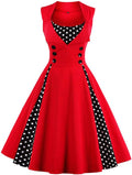Red 1950s Retro Rockabilly Swing Dress for Women - Polka Dot Panel