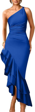 LAGSHIAN One Shoulder Ruched Asymmetric Satin Maxi Dress - Elegant Fit