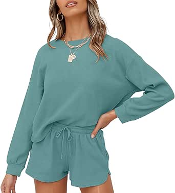ZESICA Women's Waffle Knit Long Sleeve Top and Shorts Set