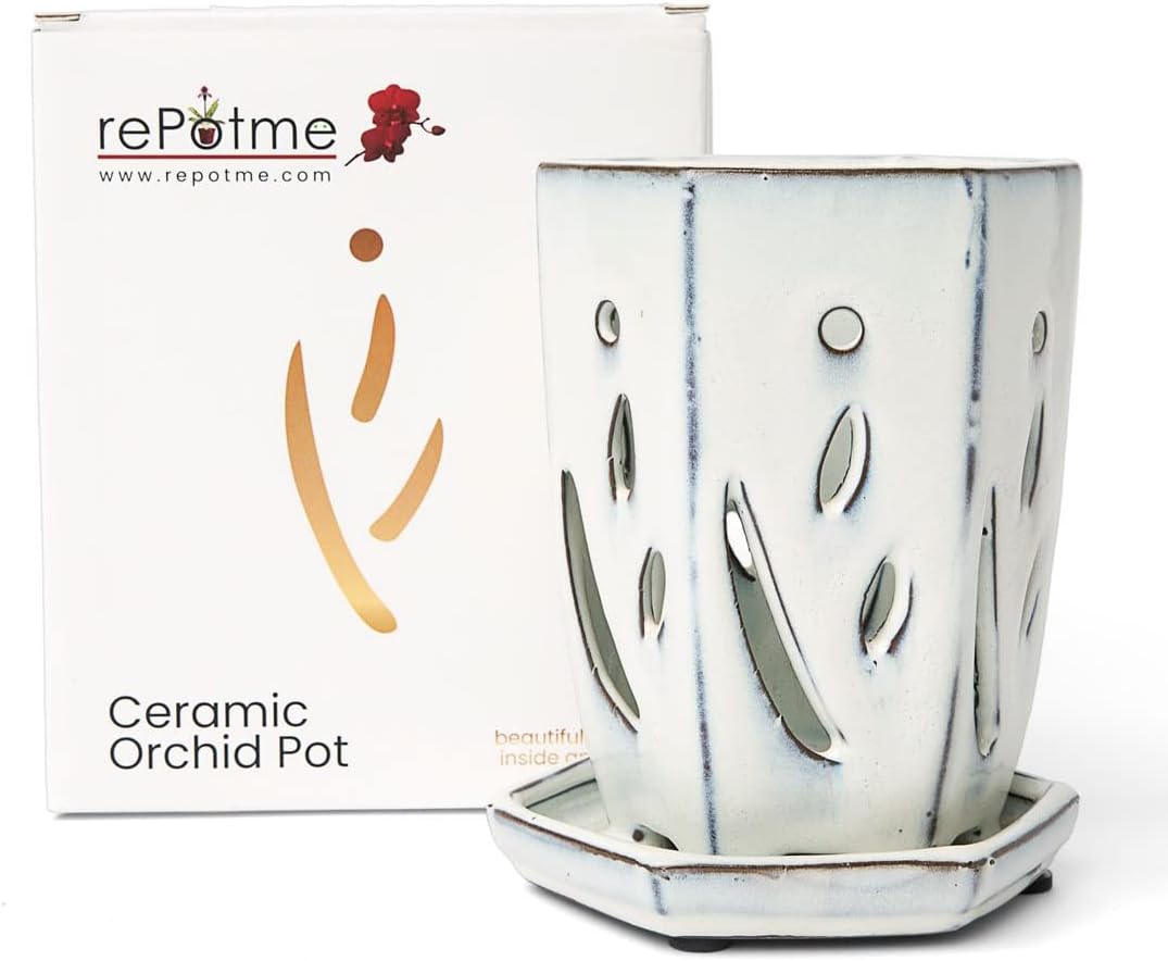 Ceramic Orchid Pot with Holes - Stunning Hexagon Design