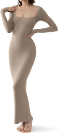 PUMIEY Women's Square Neck Long Sleeve Maxi Dress - Soft Ribbed moon