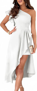 One Shoulder Ruffle Empire Waist High-Low Bodycon Midi Dress - Elegant