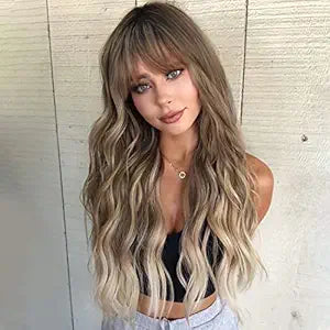 Long Curly Wavy Synthetic Hair Wig with Bangs for Women