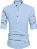 Men Henley Neck Long Sleeve Linen Shirt - Breathable Daily Look