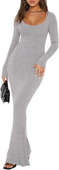 REORIA Womens Square Neck Long Sleeve Maxi Dress - Flattering Everyday