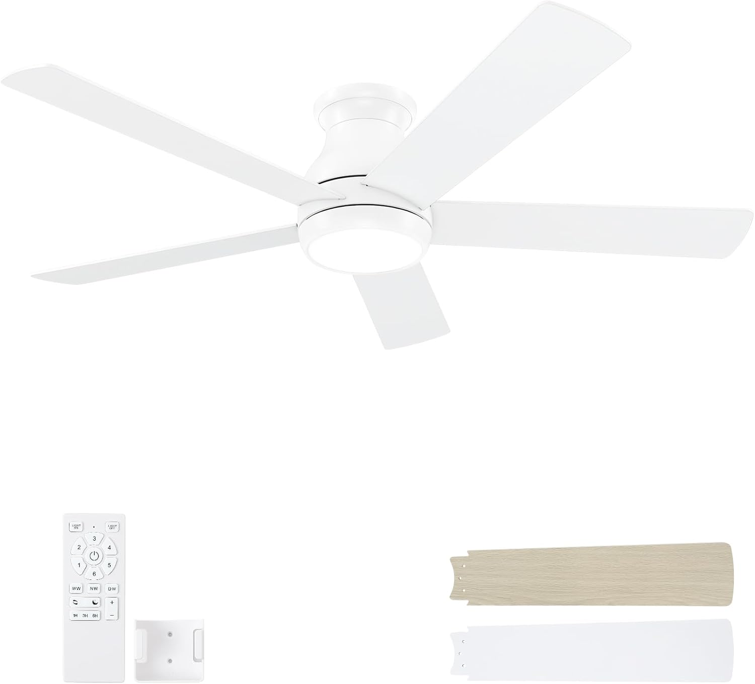 52 Inch White Ceiling Fan with Lights and Remote for Comfort