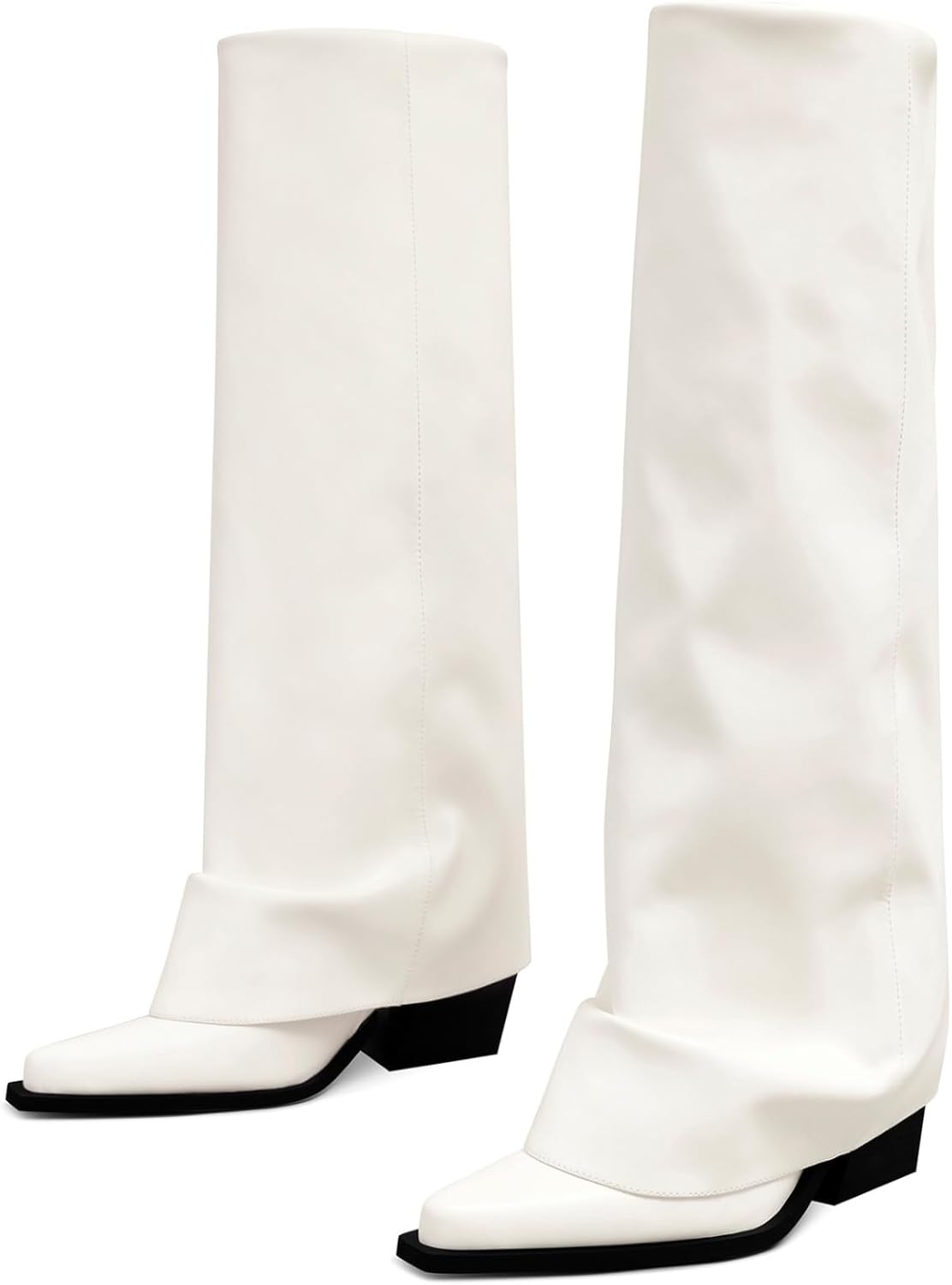 Women's Fold Over Knee High Boots for Wide Calf with Chunky Heel