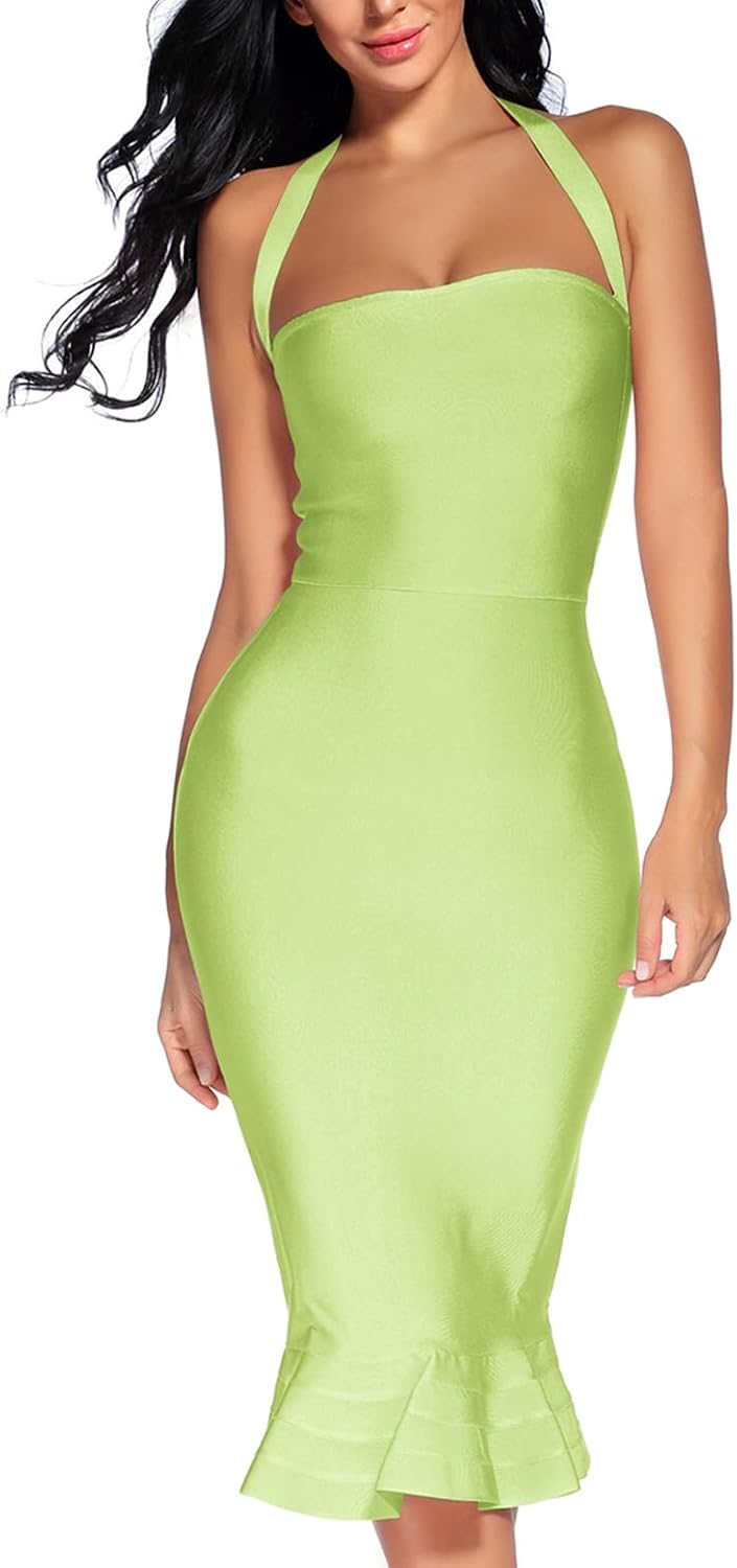 Houstil Women's V Neck Halter Fishtail Bodycon Dress for Parties