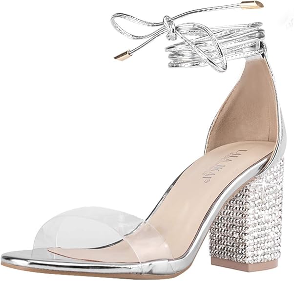 LALA IKAI Womens Gold High Heels Sandals with Rhinestones
