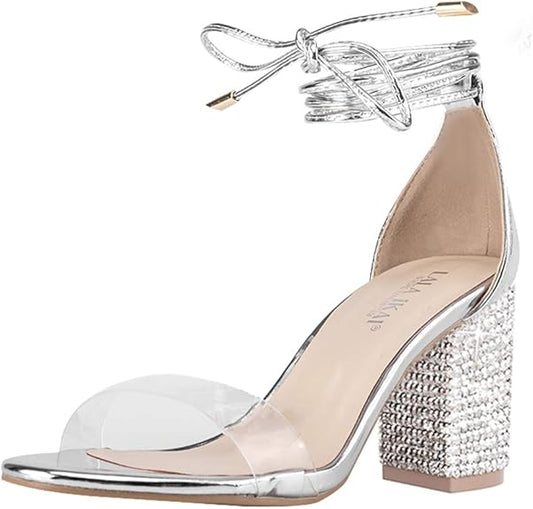 LALA IKAI Womens Gold High Heels Sandals with Rhinestones