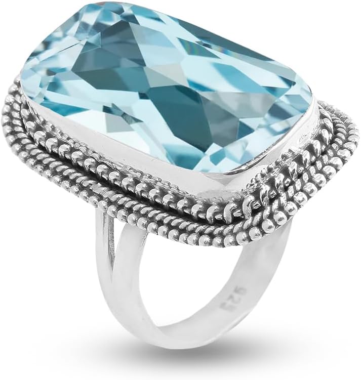 Solid 925 Sterling Silver Rings for Women with Aquamarine Gemstone