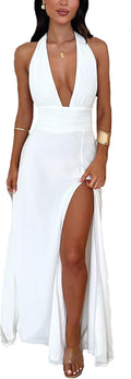 Ekaliy Womens Halter Deep V Neck Maxi Dress - Sexy Backless Split