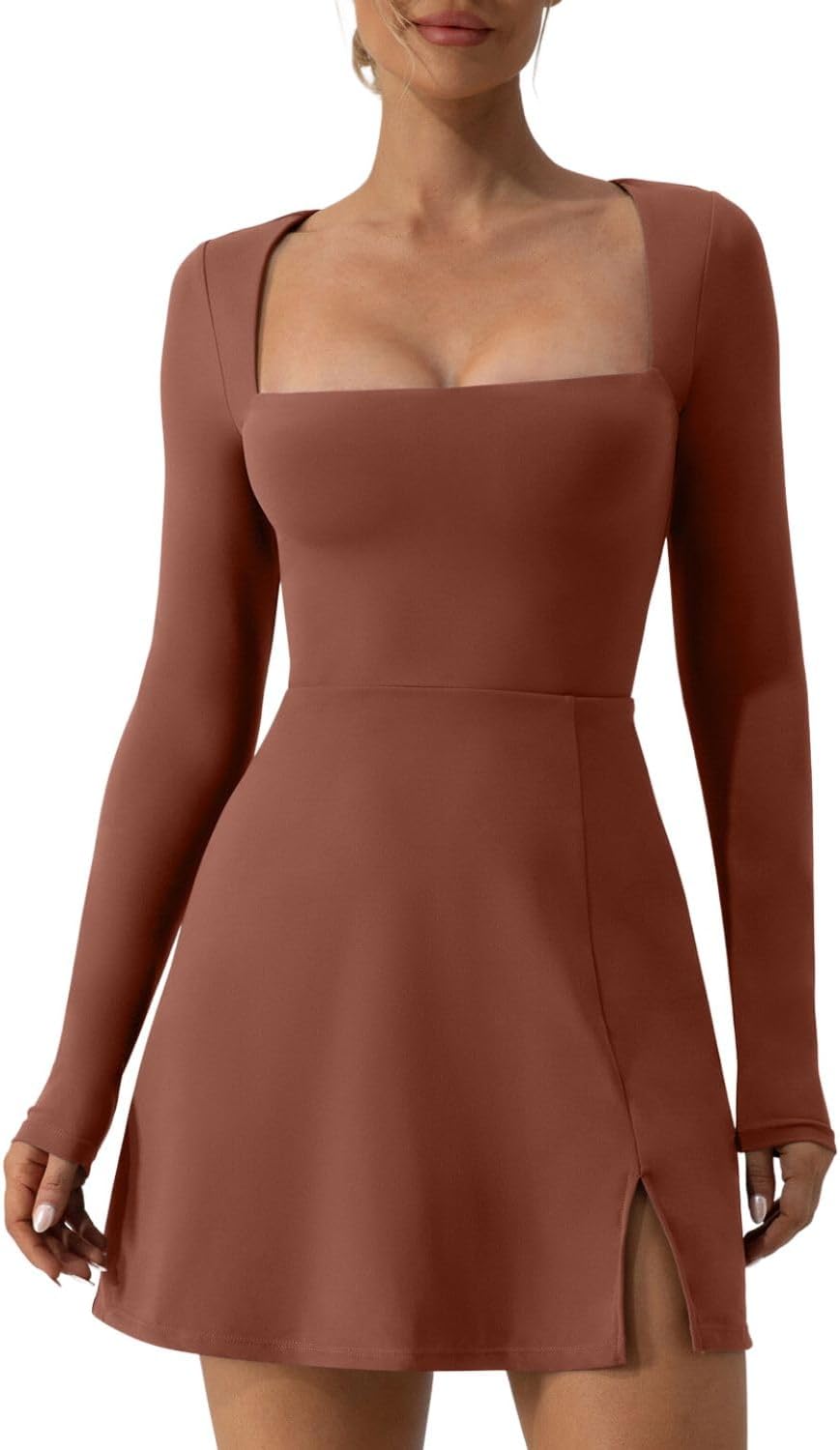 QINSEN Womens Square Neck Bodice Dress with Long Sleeves