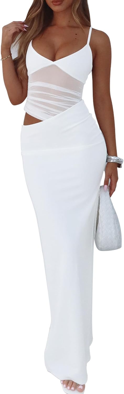 BORIFLORS Women's Sexy Bodycon V Neck Spaghetti Strap Maxi Dress