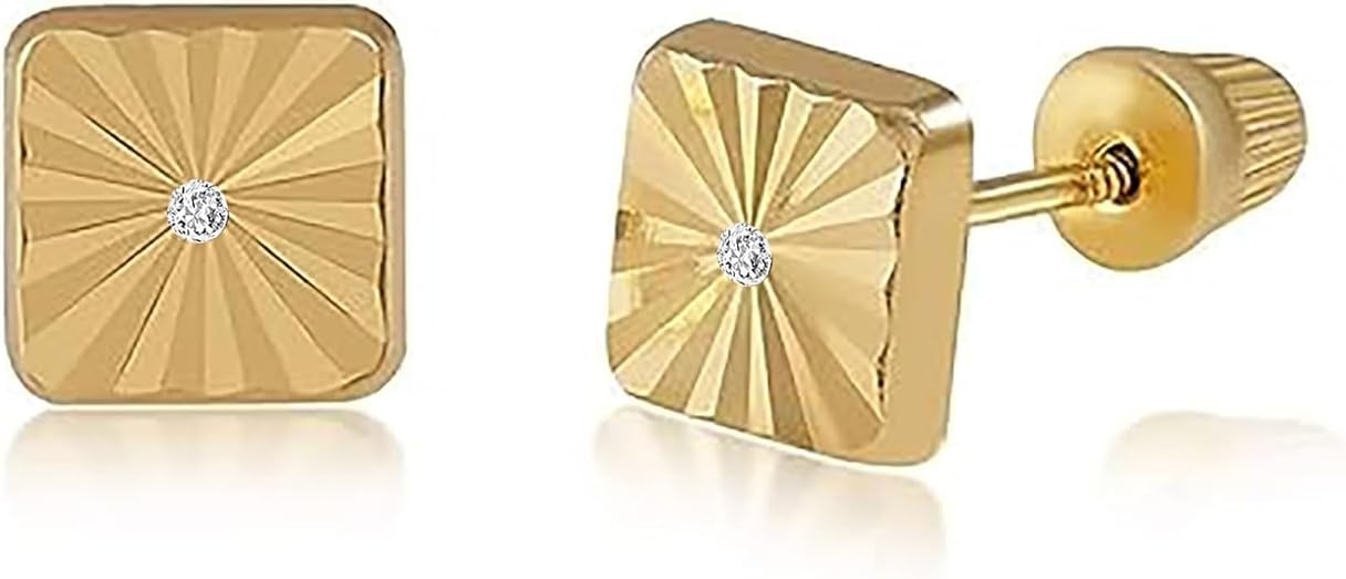 14K Real Yellow Gold Diamond Cut Stud Earrings for Women & Girls