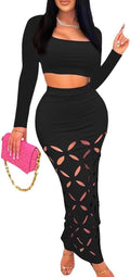 Women Two Piece Ribbed Knit Maxi Skirt Outfit - V Neck Set