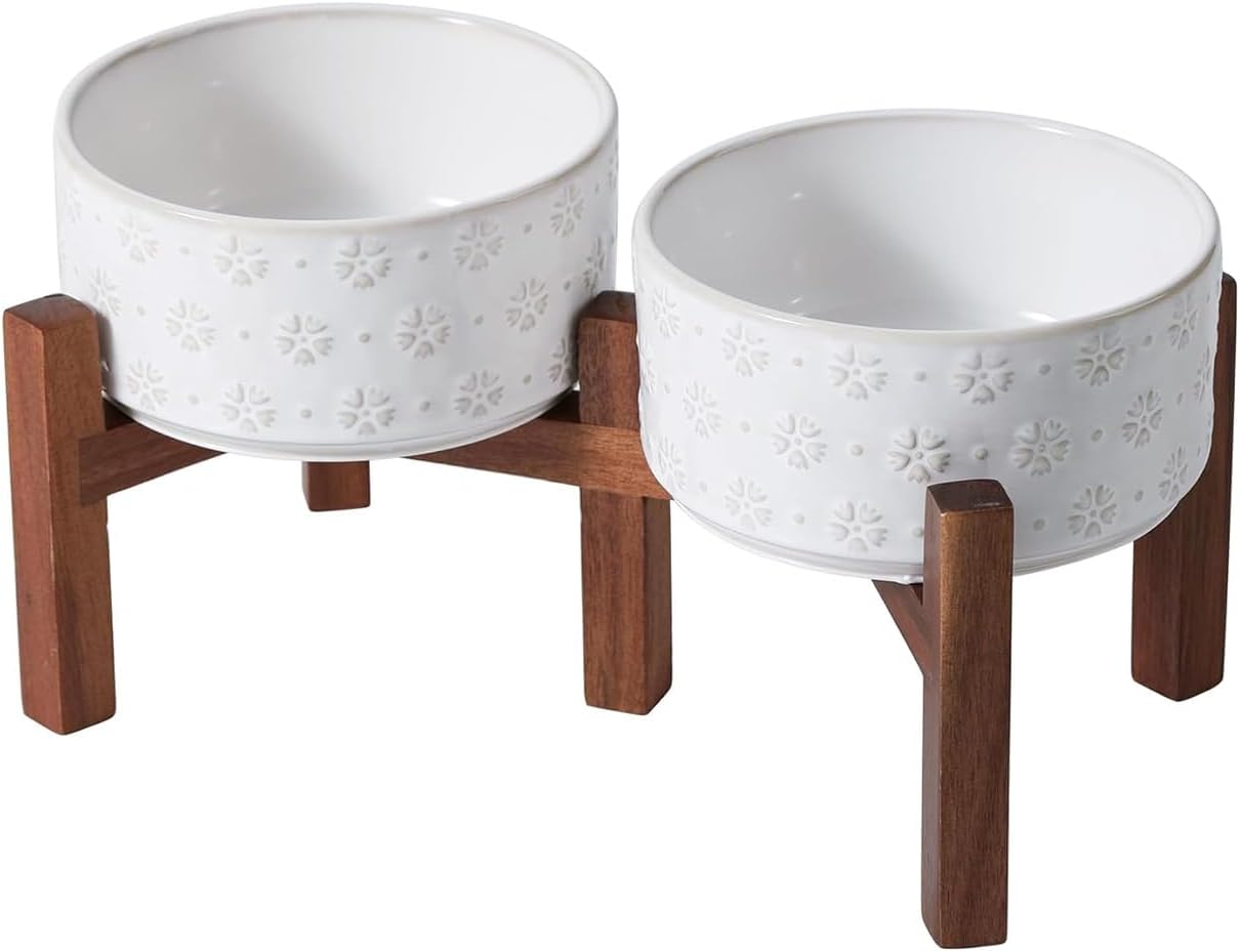 Elevated Ceramic Dog Bowls with Acacia Wood Stand for Pets