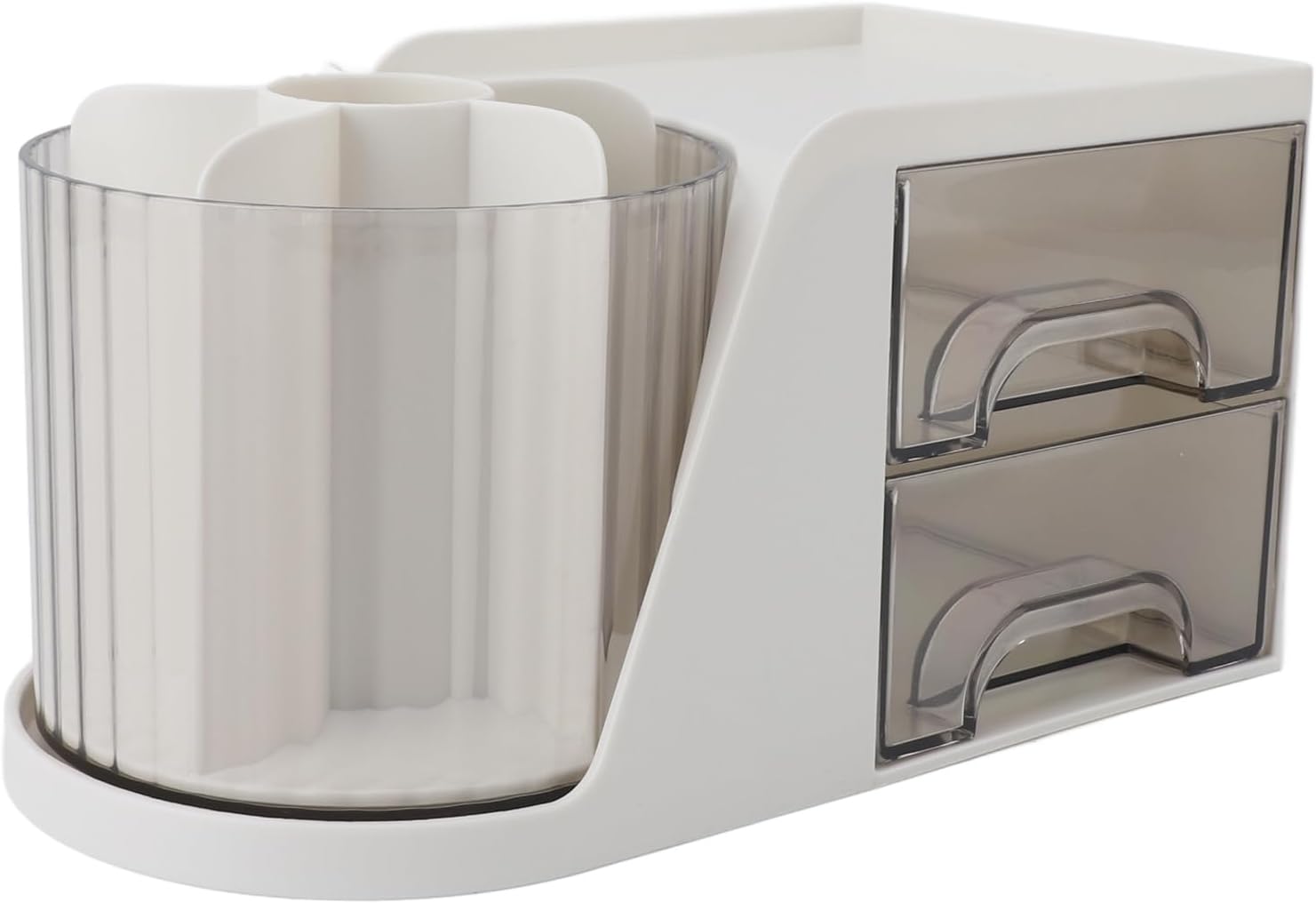 Rotatable Desktop Organizer - 4 Compartments, Drawers & Pen Holder for Stationery - Yellow/White
