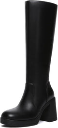 Athlefit Black Knee High Platform Boots - Square Toe Chunky Heel