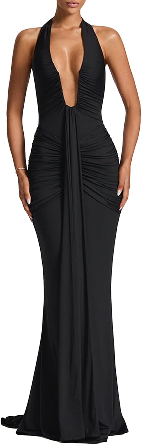 Women Deep V Neck Ruched Maxi Dress for Formal Occasions