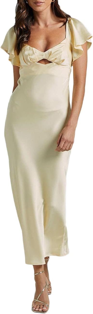 Summer Satin Flutter Sleeve Wedding Guest Dresses for Women