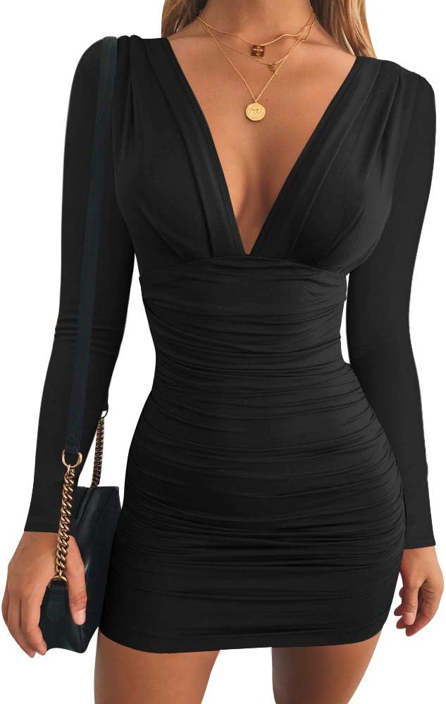 GOBLES Women's Sexy Long Sleeve V Neck Ruched Mini Dress