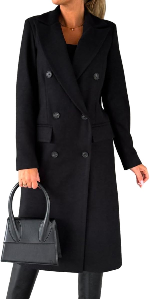 Womens Long Wool Coat Double Breasted Trench Coat for Winter