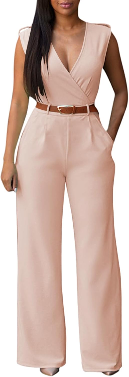 Elegant Wide Leg Jumpsuit for Women by Pink Queen - V Neck Style