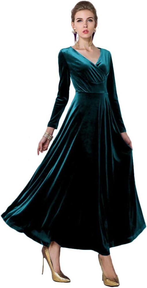 Urban CoCo Women Long Sleeve V-Neck Velvet Stretchy Dress
